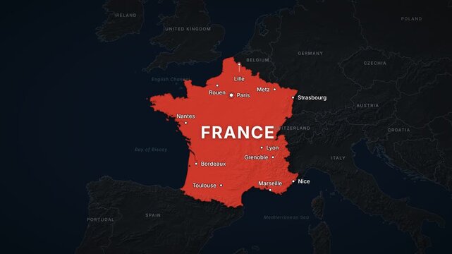 France dark map zoom with red highlight and city labels