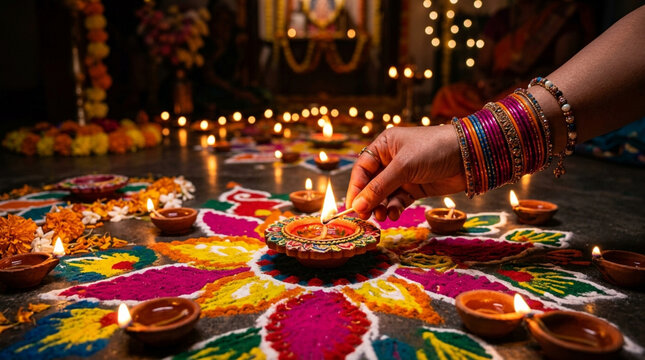 Diwali Celebration: Hand lighting diya on colorful rangoli with illuminated candles