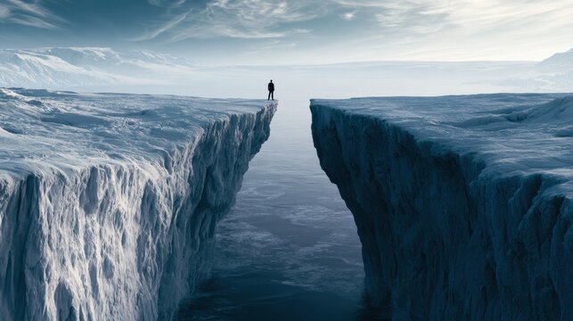 Person standing alone on edge of massive icy cliff facing vast deep canyon with cloudy sky and distant mountains in cold remote landscape