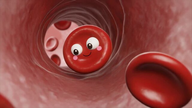 A vibrant 3D animation depicts a cheerful red blood cell and glowing nutrients moving within a vein