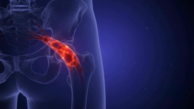 Sciatic Nerve Pain in Human Hip - Glowing Inflamed Pelvic Anatomy Animation - Realistic 3D Medical Science Footage