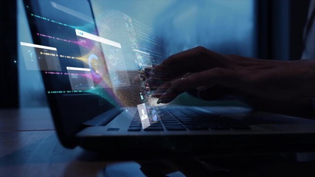woman analyst uses a computer AI artificial intelligence and dashboard for data business analysis and Data Management System with KPI and metrics connected to the database for technology finance,