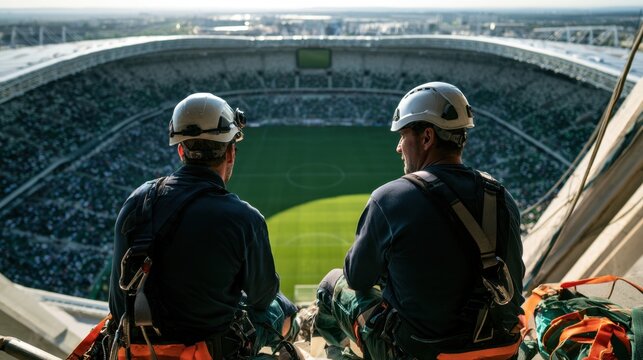 Two construction workers wearing safety helmets and harnesses overlooking large vacant sports stadium with green field on sunny day