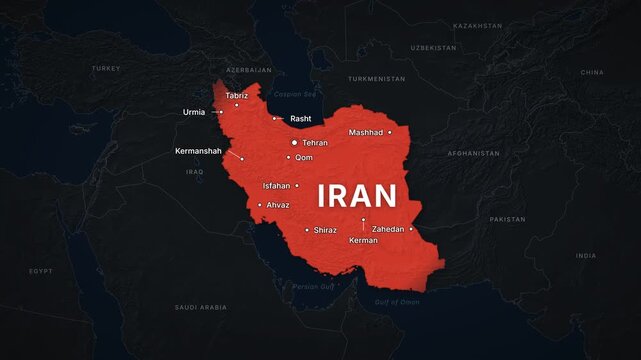 Iran dark map zoom with red highlight and city labels