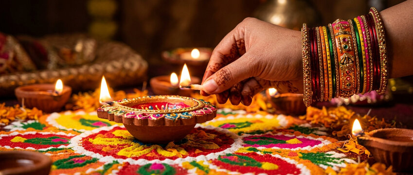 Diwali Celebration: Hand Lighting Diyas on Colorful Rangoli with Bangles