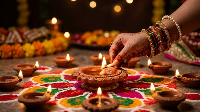 Diwali Celebration: Hand Lighting Diyas on Rangoli with Bokeh Lights