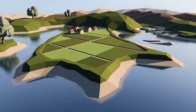 Low poly agricultural island surrounded by water with small farm houses agricultural landscape