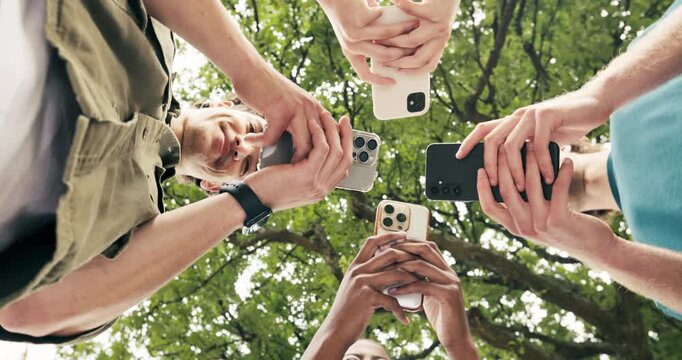 University, circle or friends outdoor with phone, funny text or comic reaction on social media. Below, happy people or students in park with huddle, college bonding or gen z meme in online group chat