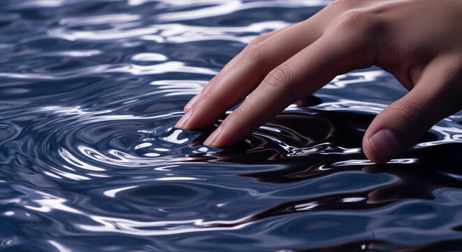 Human hand touching dark rippling water surface creating waves