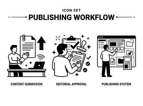 Publishing Workflow Vector Icon Set with Submission and Approval