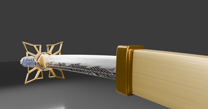 3d rendered katana sword with futuristic energy blade and satellite