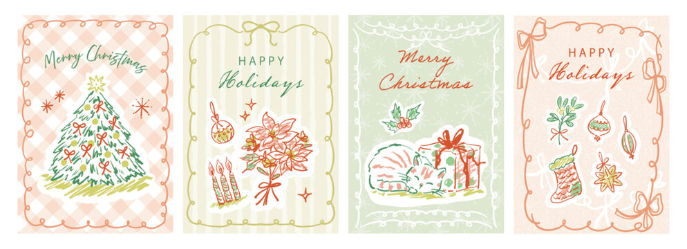 Christmas and Holiday Card Template Set with Cute Doodle Cat, Christmas Motifs, Line Art and Decorative Frames