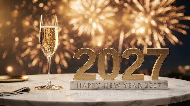 Happy New Year Happy New Year 2027 sign with champagne flute on marble table against backdrop of golden firework display 2027