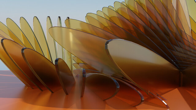 Parametric Amber Glass Petal Sculpture, 3D Abstract Architectural Flower Pavilion Background