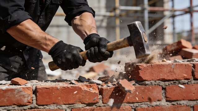 Construction worker in black gloves striking brick wall with sledgehammer, scattering dust and bricks at busy demolition site