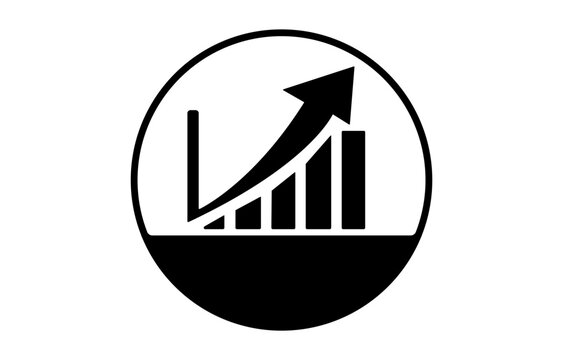 Circular black and white growth chart icon showing ascending arrow over rising bar graph inside outlined circle with solid black lower half isolated on transparent background