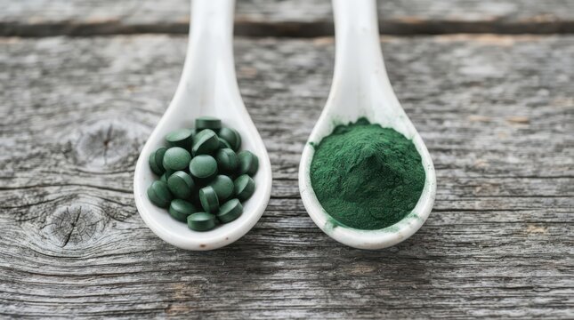 Two white spoons filled with spirulina tablets and green powder on a rustic wooden background
