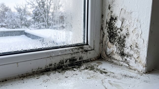 Black mold growing on a window frame and sill with condensation droplets and snowy view outside, representing winter moisture problem, poor insulation and indoor mold issue