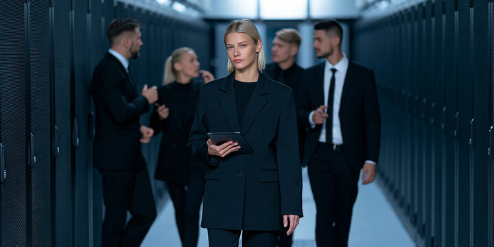 A woman in a black suit stands in the foreground, looking directly at the camera, with a group of people in suits behind her in a dimly lit corridor.