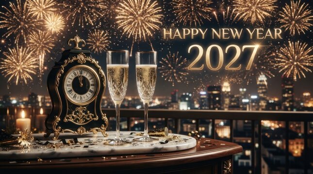 Happy New Year Vintage clock with champagne glasses celebrating happy new year 2027 against vibrant city skyline with golden fireworks display 2027