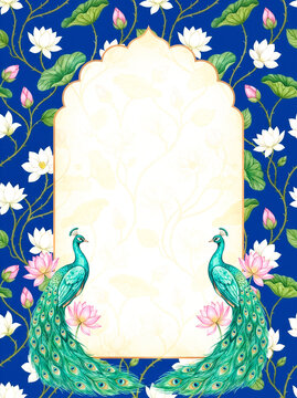 Pichwai peacock lotus invitation template with arch frame, royal blue