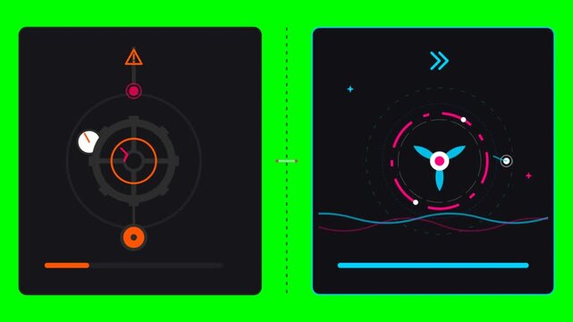 Digital HUD animation featuring rotating gear and propeller mechanisms