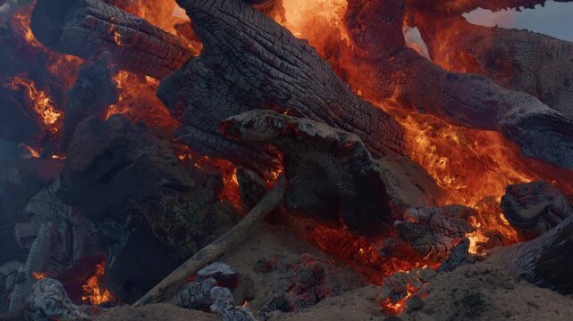 Fire burning through a pile of logs. Fire flames surrounding charred wood. Intense fire between thick blackened logs. Orange fire illuminating cracked wood surfaces.