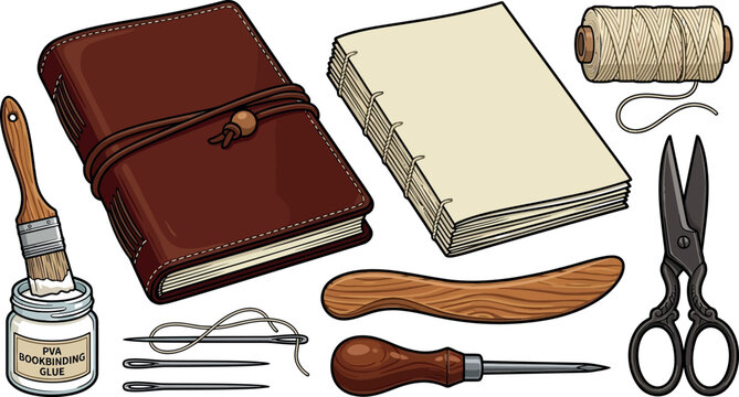 Traditional Bookbinding Hobby and Handmade Journal Crafting Vector Icon Set Featuring Leather Notebook, Bound Pages, PVA Glue, Awl, Bone Folder, and Scissors for Stationery Designs