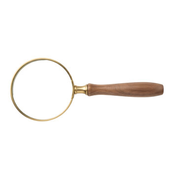 Vintage magnifying glass with wooden handle horizontally positioned on transparent background[cite: 5]