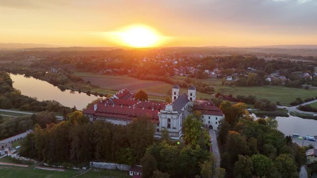 Benedictine Abbey in Tyniec at Sunset in Autumn &ndash; Aerial Drone View
