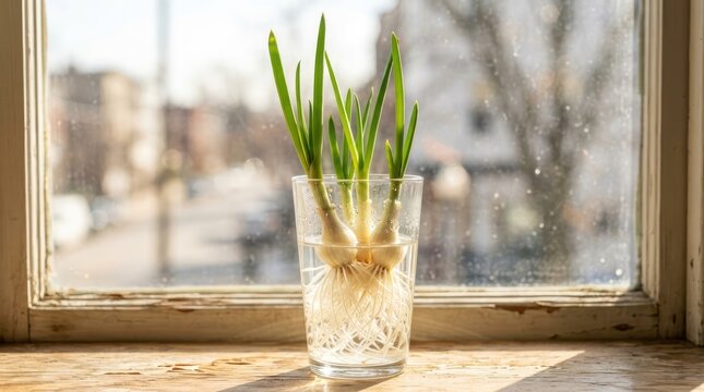 green onion sprouts growing in water on a sunny windowsill