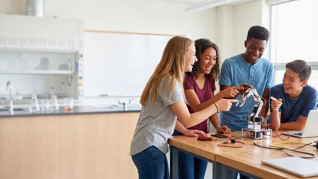 High school students building robotics project in modern sunlit STEM lab