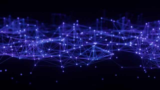 3d render motion graphic of glowing plexus particles floating in dark space with interconnected neon network lines and shallow depth of field for digital data technology visualization