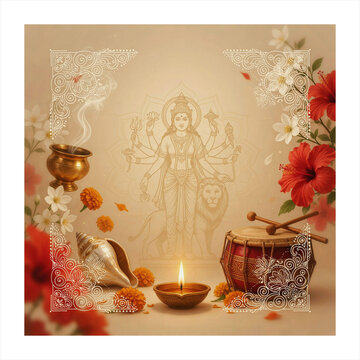 Traditional Durga Puja ritual items with oil lamp, conch, dhak, and red hibiscus on a soft beige background, copy space