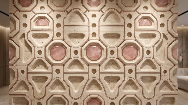 Intricate geometric wall panel with rose quartz inlays, textured natural stone, modern interior design detail, luxurious organic pattern