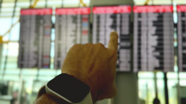 Traveler pointing at flight information departure board at airport terminal