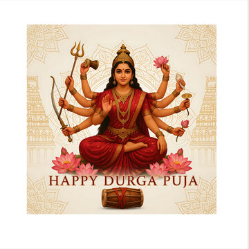 Happy Durga Puja greeting with goddess Durga seated on pink lotus, multi-armed with trishul and bow, dhak drum and golden mandala, Hindu festival illustration