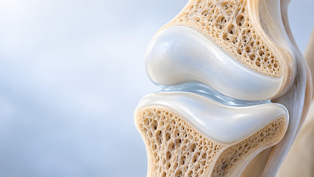 Anatomical illustration of knee joint showing cartilage, synovial fluid, and bone structure, highlighting its intricate design and function