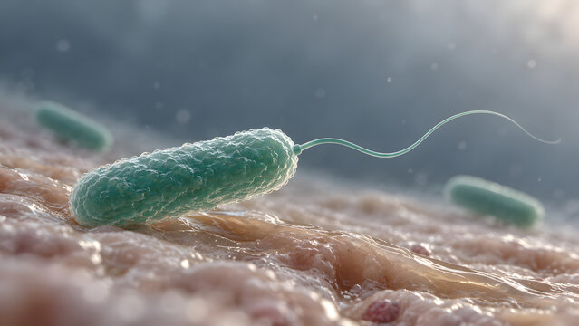 Microscopic view of bacteria surface, showcasing their unique shapes and structures detailed and vibrant manner. image evokes curiosity about