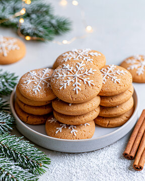 freshly baked Christmas cookies arranged beautifully with pine branches, cinnamon sticks, powdered sugar and warm fairy lights, cozy festive atmosphere, premium food photography, shallow depth of