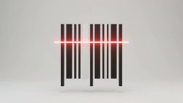 A 3D product barcode scanned by a glowing red laser beam, symbolizing digital verification, barcode laser scanning, retail inventory management, product identification, and automated data reader.
