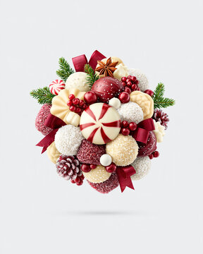 beautiful Christmas candy arrangement with red, white and cream sweets, peppermint inspired shapes without branding, festive ribbons and evergreen branches, clean premium studio background,