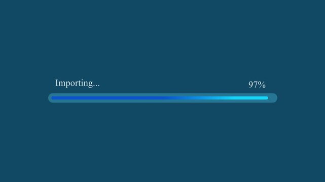 Motion graphic of importing progress bar with blue gradient reaching 97 percentage completion on dark blue background, depicting data import and file migration.
