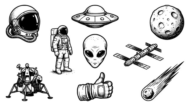 Monochrome vector illustration set featuring astronauts spaceships and cosmic elements