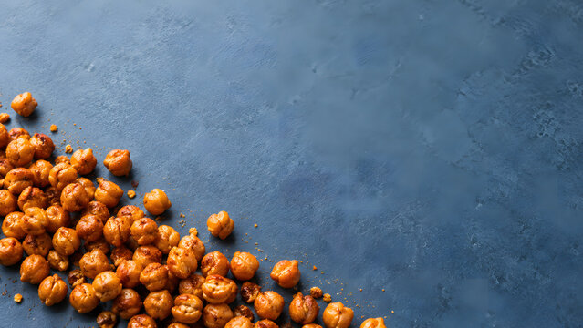 Roasted chickpeas scattered on textured surface create delightful snack scene, showcasing their crunchy texture and golden color