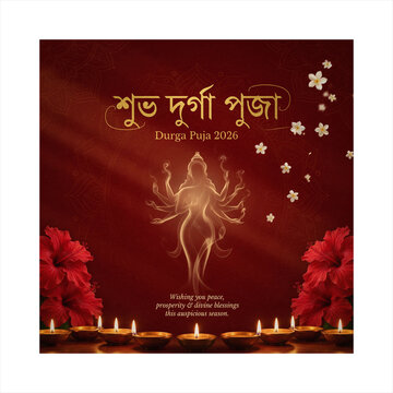 Shubho Durga Puja 2026 greeting with golden multi-armed goddess Durga silhouette, red hibiscus flowers, diya lamps and Bengali typography on maroon background