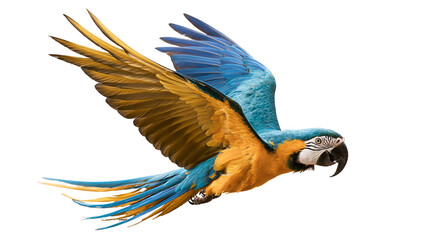 Vibrant blue and yellow macaw parrot in flight with wings spread wide © Otillie