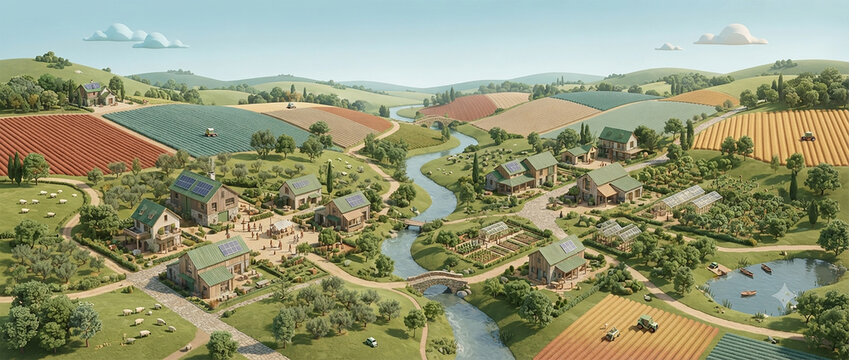 Panoramic View of Sustainable Eco Village Landscape with Solar Farm Houses