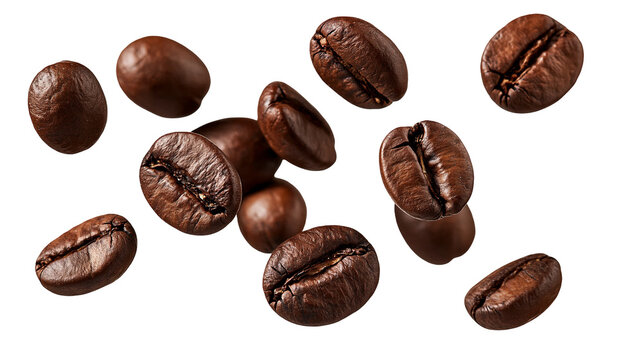 Roasted dark brown coffee beans falling in midair