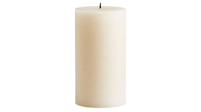 Cream colored cylindrical pillar candle with a single black cotton wick